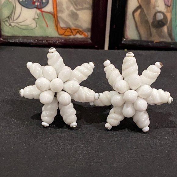 Western Germany Jewelry - Western Germany White Beaded Star Screw Back Earring’s.